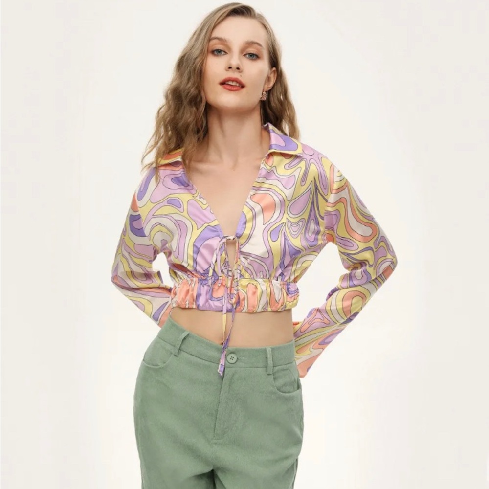 V-neck tie front blouse
